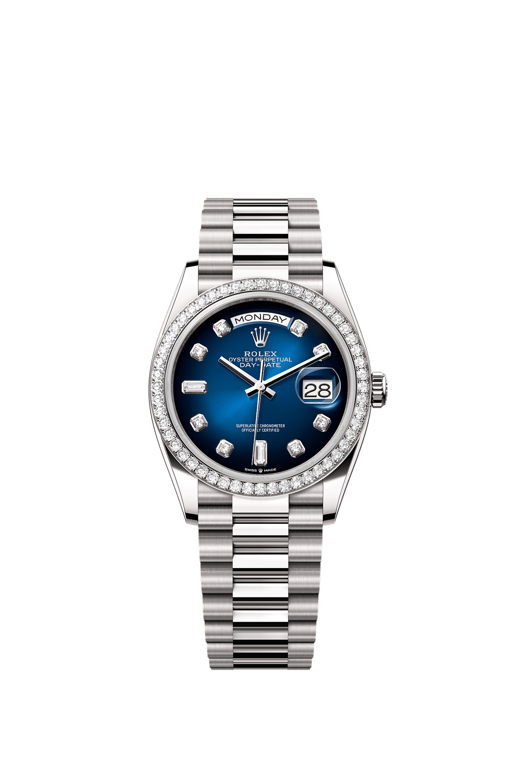 DAY DATE 36mm – Cadran Bleu Glacier – Finition Diamant